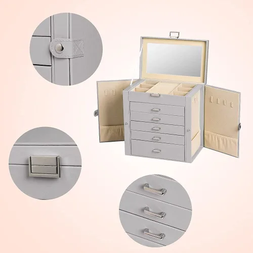 Vista 4 de Frebeauty Joyero grande, organizador de joyas de piel sintética de 6 niveles con cerradura, estuche de almacenamiento multifuncional con espejo