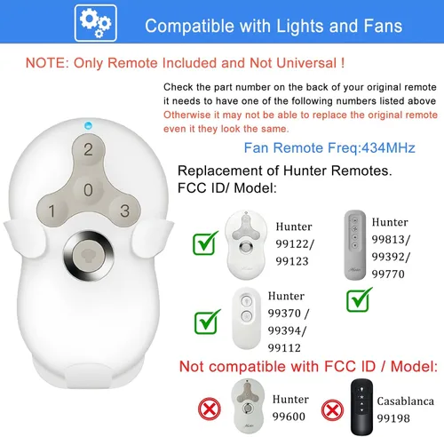 Vista 2 de Control remoto de repuesto para ventilador de techo Hunter 99122/99123, regulador de luz y 3 velocidades con montaje en pared, 434 MHz (solo remoto)