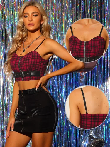 Vista 2 de Allegra K Top corto a cuadros para mujer, tirantes de fiesta, con cremallera, gótico