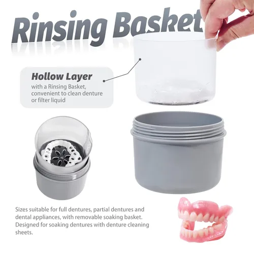 Vista 3 de Uouovo Taza de baño de dentadura grande sin fugas, estuche de retención de dentadura limpiadora, cuidado de limpieza completo para dentaduras Gris
