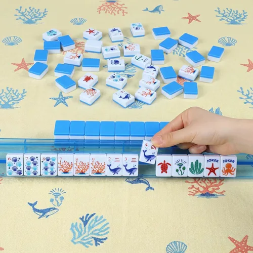 Vista 5 de Simgoing Juego de 160 piezas de azulejos de Mahjong americano, tema del océano azul 2026, juego de cartas Mahjong azul, regalo portátil para amantes