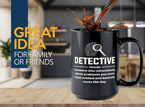 Vista 2 de Taza de café detective de 15 onzas, color negro, detective, policía, patrulla, policía, policía, policía, policía, policía, policía, policía, jefe