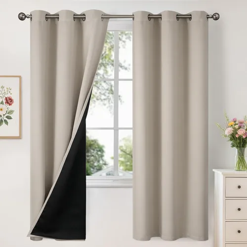 Vista 201 de YoungsTex - Cortinas 100% opacas para dormitorio, con aislamiento térmico y ojales, cortinas oscuras negras con capa pesada para ventana de sala