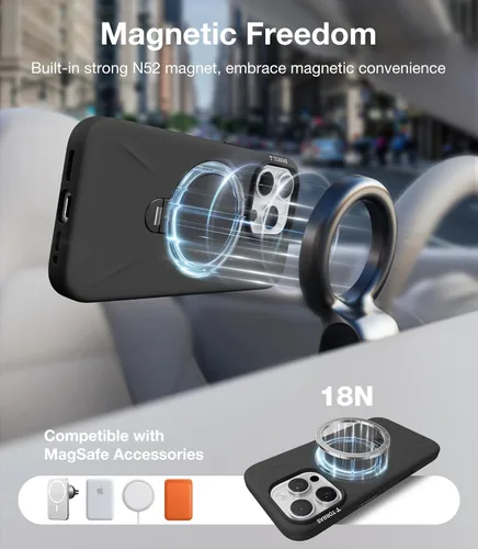 Vista 3 de TORRAS Funda de silicona líquida para iPhone 16 Pro con anillo magnético giratorio de 360 grados y control de cámara, compatible con MagSafe, Funda