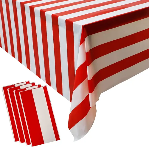Vista 8 de peony man Mantel de plástico a rayas rojas y blancas, mantel rectangular impermeable para carnaval y circo, para decoración de días festivos