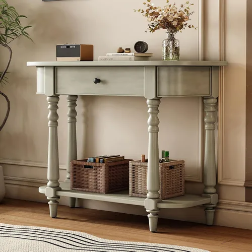 Vista 19 de Knocbel Mesa consola Half Moon con puerta con patrón de ondas, mesa auxiliar de sofá semicírculo con 2 cajones de almacenamiento y estante inferior