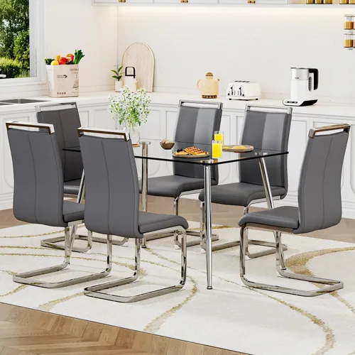 Vista 18 de Juego de mesa de comedor de vidrio Ebullient para 4, mesa de 51" de vidrio templado transparente con patas de metal negro y 4 sillas de acrílico