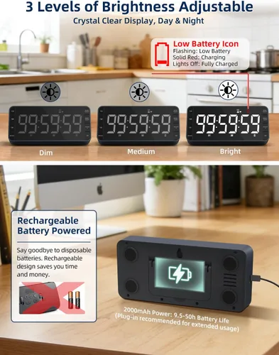 Vista 5 de Temporizador digital de cocina de 7.8 pulgadas con pantalla LED grande, temporizador de cuenta regresiva recargable magnético, 5 alarmas y 4 niveles