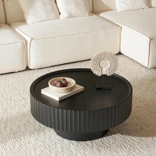 Vista 6 de Mesa auxiliar redonda, mesa de centro de 31.8 pulgadas con almacenamiento, mesa moderna de sala de estar con tambor estriado, mesas centrales