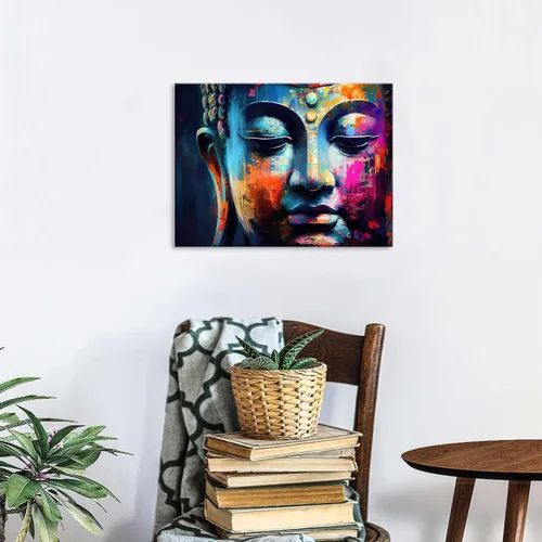 Vista 3 de Arte de pared abstracto de Buda para sala de estar, textura de mármol colorida, lienzo de Buda, decoración Zen de pared en rosa y azul, obras