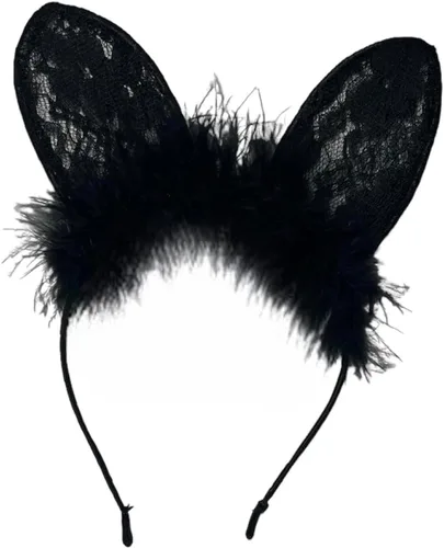 Vista 2 de Diadema de oreja de gato de encaje negro, Halloween Cosplay Disfraz