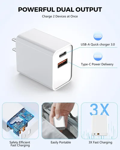 Vista 5 de Paquete de 3 cargadores de pared USB C de Apple, adaptador de corriente de 20W iPhone 17/16 de doble puerto QC + PD 3.0, bloque de carga rápida