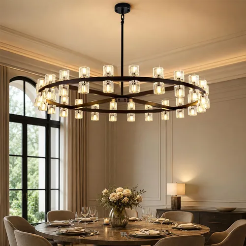 Vista 10 de Candelabros Lineales Dorados para Comedor, Candelabro Rectangular de 54" con Vidrio, Candelabros Modernos de 16 Luces Sobre Mesa, Candelabro