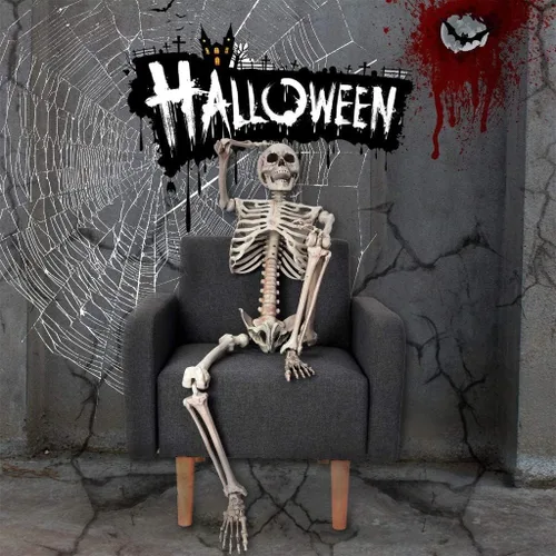Vista 7 de Esqueleto de tamaño real para decoración de Halloween, esqueleto de Halloween de 5.4 pies, esqueleto colgante con articulaciones móviles, huesos