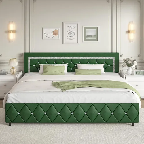 Vista 27 de BarnFurin Base de cama individual con cabecero, cama tapizada con diseño capitonado de diamante, marco de cama para niños con soporte de listones