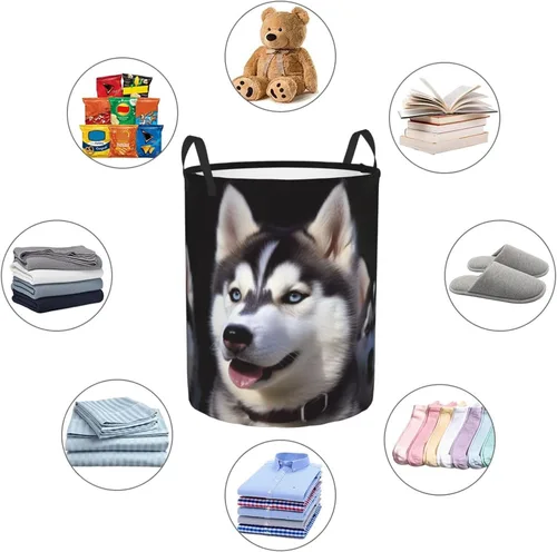 Vista 4 de Cesta de lavandería para perro Husky impermeable, cesta de ropa sucia, plegable, con asas, cesta de lavandería independiente para baño, dormitorio