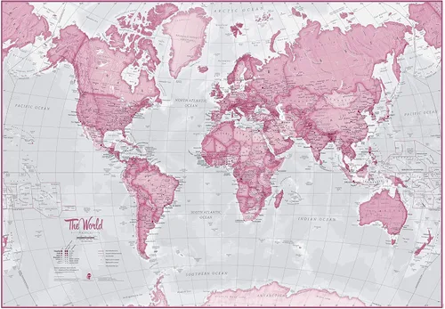 Vista 2 de Maps International Small The World is Art - Mapa de pared, laminado con barras colgantes de madera, 18 x 24 pulgadas Maps International - Pink