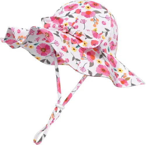 Vista 12 de Sombrero de sol para bebé niña con UPF 50+ sombrero de playa ajustable para exteriores con ala ancha Beige
