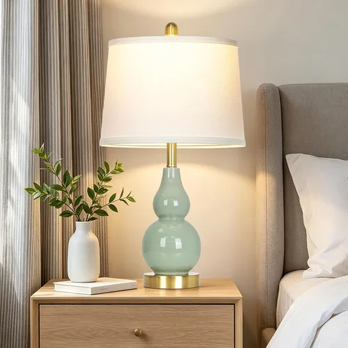 Vista 6 de Juego de 2 lámparas de cerámica de doble calabaza verde de 25 pulgadas, modernas lámparas de mesa de cerámica para sala de estar, elegantes lámparas