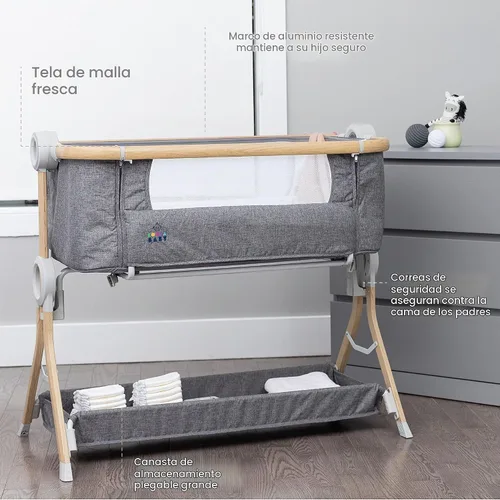 Vista 2 de KoolerThings 3 en 1 cuna/moisés para bebé, cama junto a la cama y corralito, fácil de plegar y portátil (Gris) - KoolaBaby (Gris-Aspecto Madera)