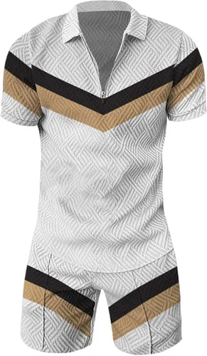 Vista 3 de Conjunto corto de 2 piezas para hombre, conjunto deportivo de verano de manga corta, camisa polo y pantalones cortos, estilo casual y elegante