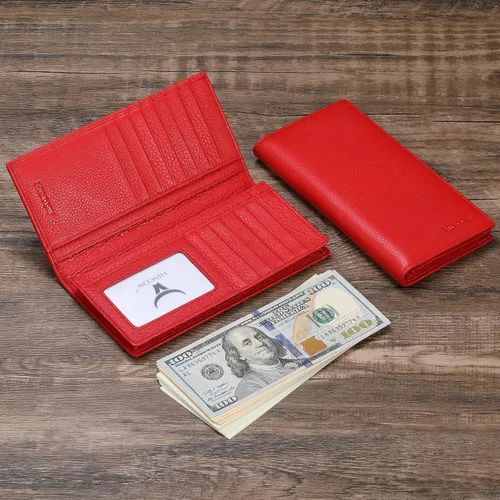 Vista 2 de HISCOW Cartera larga plegable con 15 ranuras para tarjetas de crédito piel de becerro italiana Rojo