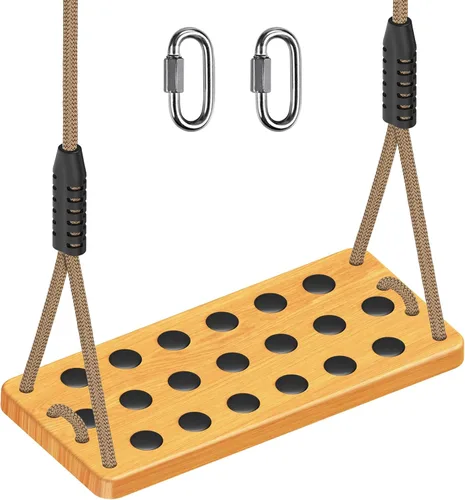 Vista 9 de SELEWARE Columpio de madera colgante, asiento de columpio de 17.5 x 8.2 pulgadas con cadena y 2 mosquetones, columpio de árbol de madera