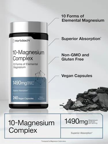 Vista 4 de Horbäach Complejo de magnesio 1490 mg 240 cápsulas 10 formas de magnesio elemental Vegano, sin OMG, sin gluten