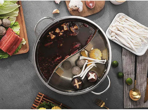 Vista 2 de Olla caliente de Shabu de acero inoxidable con tapa de vidrio para estufa de inducción, estufa de gas 2-5 personas