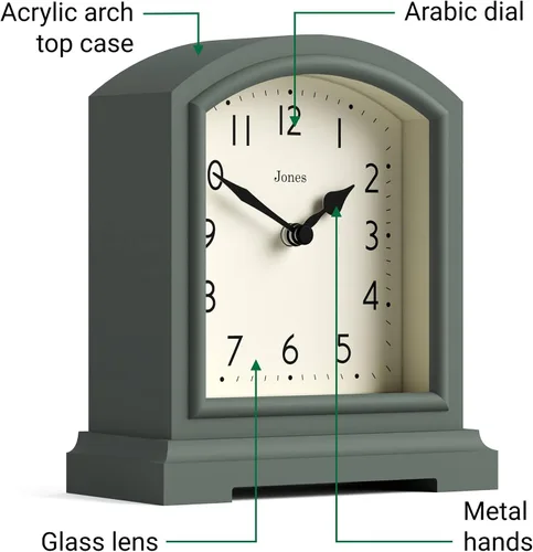 Vista 5 de JONES CLOCKS® Tavern - Reloj de repisa Diseño moderno de arco superior Verde espárragos Estilo clásico contemporáneo para escritorio, mesa