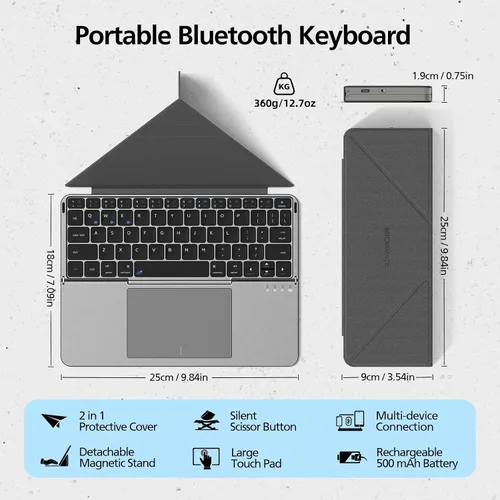 Vista 2 de Mircopack - Teclado Bluetooth plegable con panel táctil y soporte para iPad/iPhone/MacBook, 3 dispositivos, cubierta magnética de piel sintética Gris