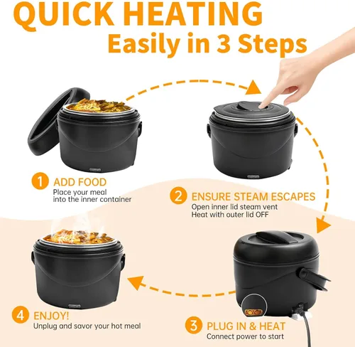Vista 5 de Aotto Caja de almuerzo eléctrica, calentador de alimentos portátil de 40 oz, calentador de almuerzo portátil para trabajo/oficina/coche/viaje