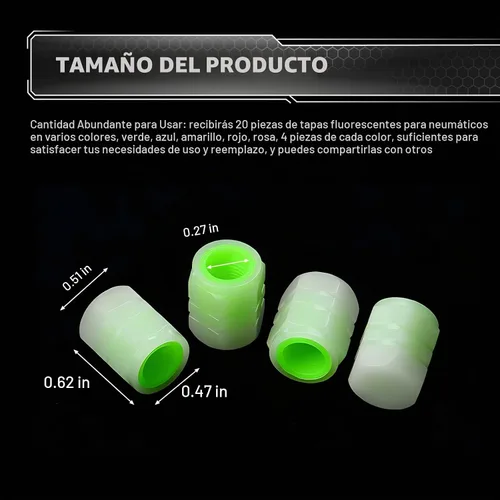 Vista 2 de 20 tapones fluorescentes para válvulas de neumáticos, tapas de válvula de neumáticos brillantes, cubiertas luminosas para válvulas de ruedas