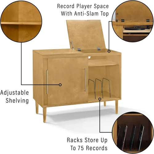 Vista 2 de Consola de medios y soporte para tocadiscos Crosley Furniture Everett con almacenamiento para discos de vinilo, color Avellano Acorn