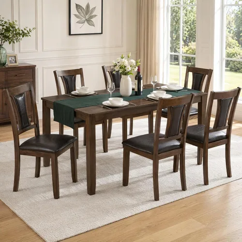 Vista 21 de Juego de mesa de comedor Trygoal para 5, juego moderno de 6 piezas para comedor con mesa rectangular, 4 sillas tapizadas con respaldo y un banco