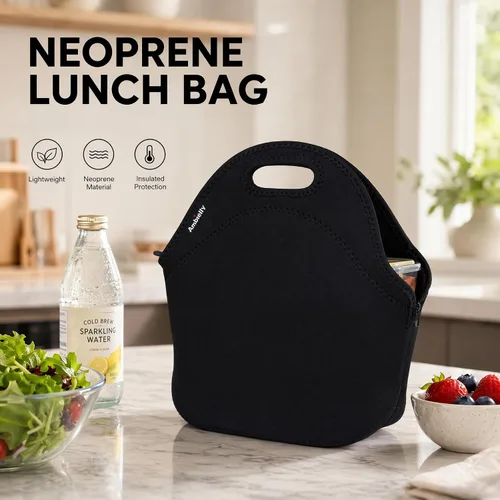 Vista 7 de Nevera de neopreno de Ambielly. Nevera con aislamiento para guardar la comida en un viaje, Negro Transportador de alimentos reutilizable