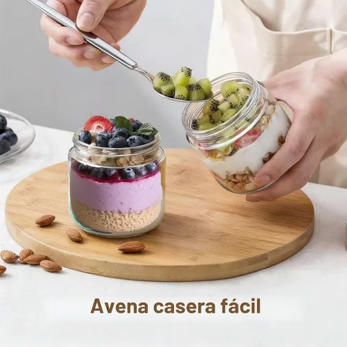 Vista 5 de Paquete de 2 tarros pequeños de vidrio transparente de 8 onzas, tarros de avena de boca ancha para la noche, recipientes con tapas herméticas