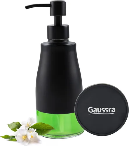 Vista 10 de Gaussra Dispensador de jabón con posavasos y calcomanías, dispensador de bomba de mano de vidrio de acero inoxidable dorado cepillado, botella