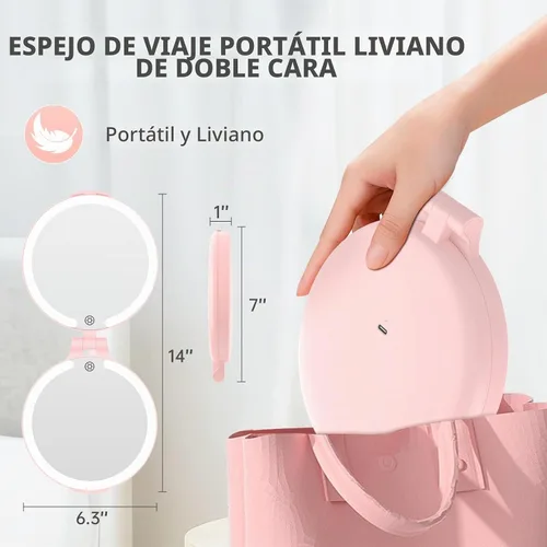 Vista 6 de FUNTOUCH Espejo de maquillaje de viaje recargable de 7 pulgadas, aumento Rosa