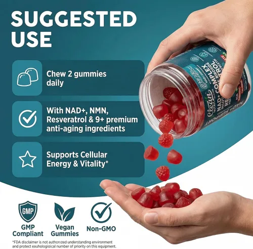 Vista 6 de Gomas de Suplemento Youth Bloom NAD+ con Resveratrol, Fisetin, Germen de Trigo, Berberina, Taurina, Cúrcuma, Colágeno, Astaxantina, Nicotinamida