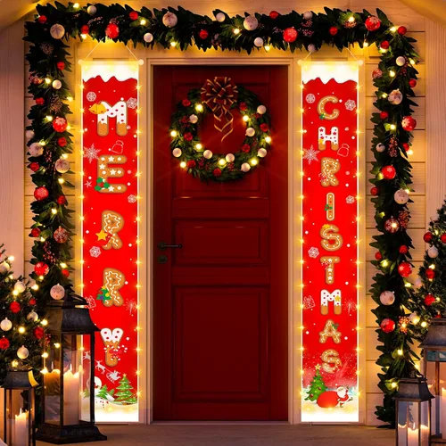 Vista 7 de Cartel de decoración de Navidad colgante al aire libre - Cartel rojo colgante con patrón de galletas y tira de luces para decoración de fiesta
