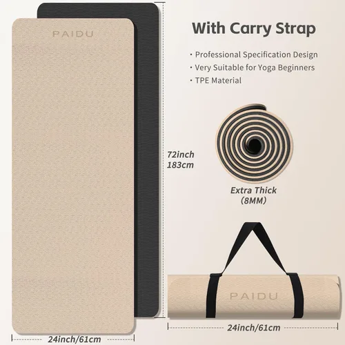 Vista 7 de PAIDU Yoga Mat 8mm Super Thick TPE Fitness Mat SGS Certified Non-Slip, Odorless & Tear-Resistant Unisex with Strap for Yoga, Pilates