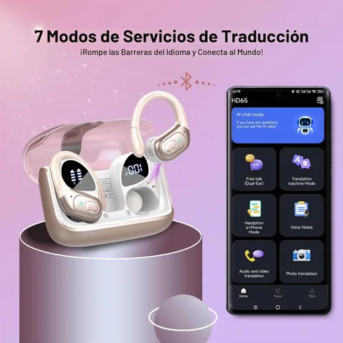 Vista 2 de Auriculares de traducción AI en tiempo real, traductor de 164 idiomas 3 en 1 Bluetooth 5.4 con 6 modos de traducción, auriculares de traductores 75H