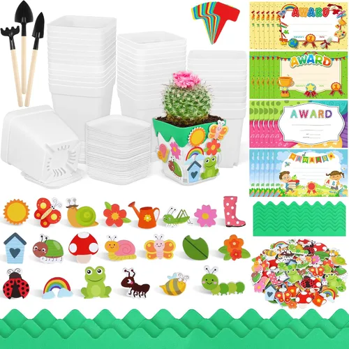 Vista 8 de Elcoho Juego de 36 macetas de plástico para jardín, kit de manualidades de primavera para niños, macetas con 150 calcomanías de espuma, 36
