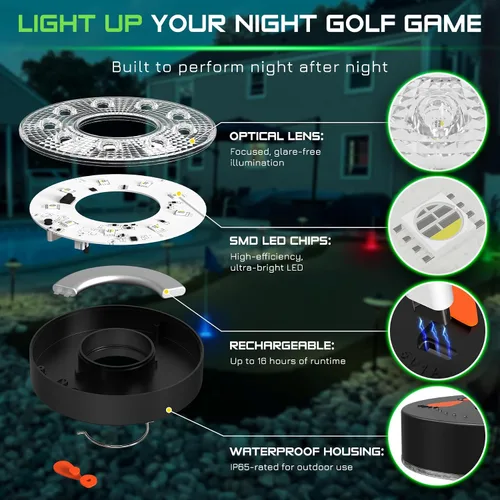 Vista 3 de KINGTOP Luz de hoyo de golf LED recargable - Impermeable, lente de iluminación enfocada, control remoto, perfecta para práctica nocturna de golf