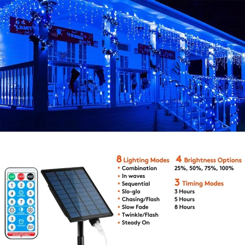 Vista 3 de Luces solares de Navidad de 320 LED, luces de cortina impermeables para decoraciones navideñas al aire libre, 29.5 pies, 60 gotas, 8 modos, luces
