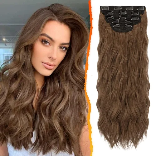 Vista 8 de BARSDAR Extensiones de cabello ondulado con clip negro marrón - 14 pulgadas, extensiones de cabello corto ondulado con clip para mujer - 5 piezas