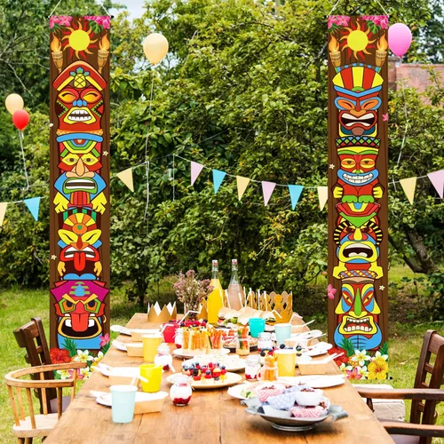 Vista 3 de Frienda Decoraciones de fiesta de Tiki hawaiano Luau suministros de decoración de fiesta Tiki Banner Totem Letrero de puerta para Hawai Tropical