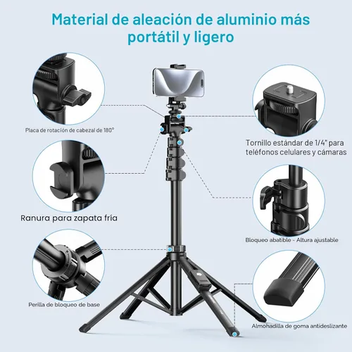 Vista 3 de Fugetek Trípode profesional para teléfono celular de 62", diseño ultra estable de 4 patas, control remoto Bluetooth, bastón y patas 100%