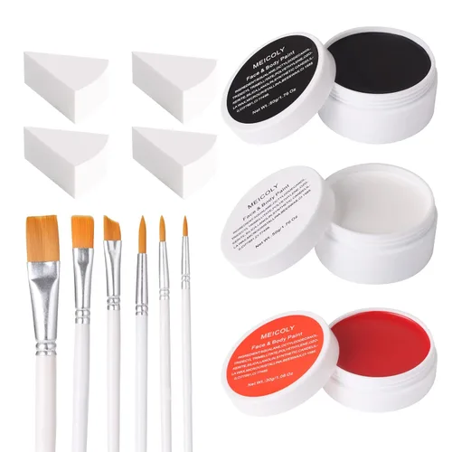 Vista 12 de MEICOLY SFX Joker - Juego de 6 piezas de maquillaje de Halloween, pintura facial blanca y negra, maquillaje clásico profesional a base de aceite